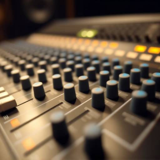 Close-up of a mixing console with multiple faders and knobs, illustrating the audio mixing process.