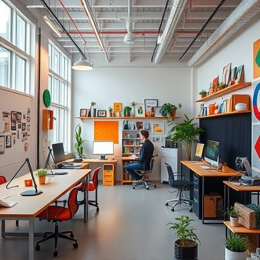 Interior view of Aurora Creative's design studio in Fremont, Seattle, featuring collaborative workspaces, design tools, and creative decor.