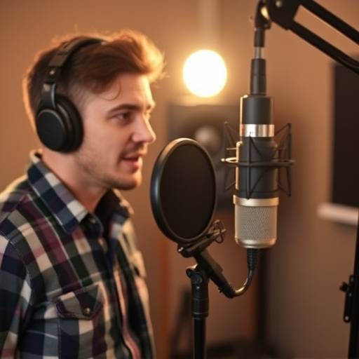 Studio shot of a voice-over artist recording a commercial.