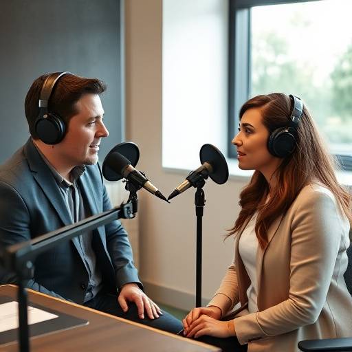 Two people recording a podcast in a professional studio setting, with microphones and headphones.